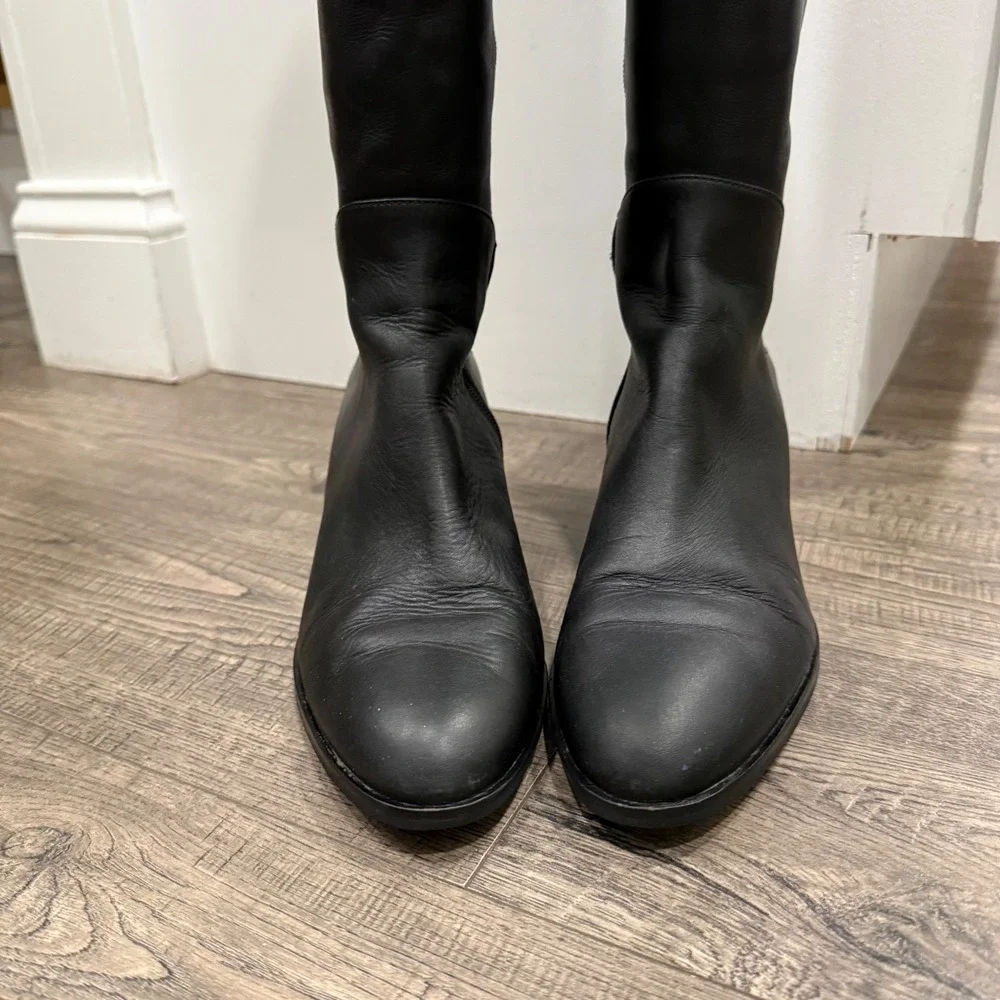 Via Spiga Womens Black Leather Over The Knee Block Heel Boots Almond Toe Zip